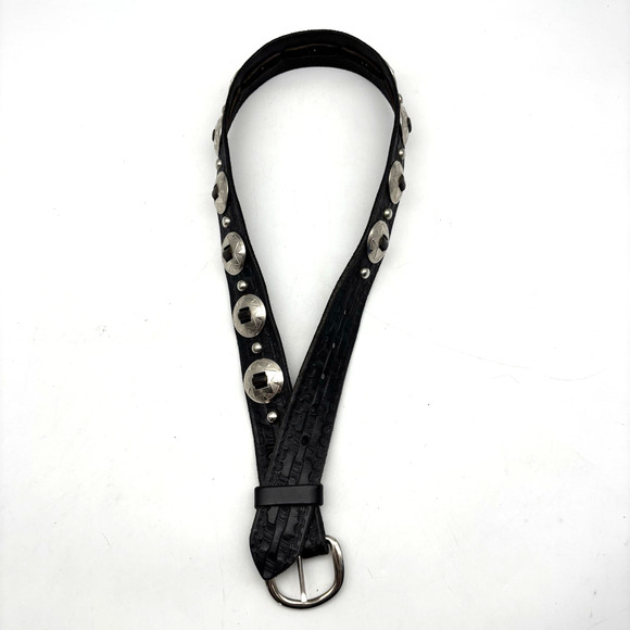Vintage 80s Handmade Black Tooled Genuine Leather Studded Concho Belt 30-34" - Picture 14 of 16